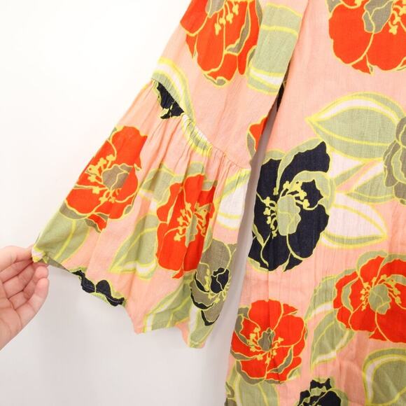 Crown & Ivy Dress Peach Floral Pattern Tassel V Neck Sundress Bell Sleeve Double - Picture 9 of 10